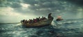 Old wooden single motor boat vessel overloaded with African refugees people chasing by Coast Guard boat in open sea near Royalty Free Stock Photo