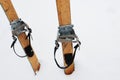 Old wooden skis in the snow Royalty Free Stock Photo