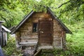 Old wooden small abandoned house in the woods