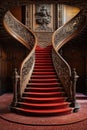 Old wooden spiral staircase with red carpet and carved handrails. Generative AI Royalty Free Stock Photo