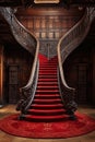 Old wooden spiral staircase with red carpet and carved handrails. Generative AI Royalty Free Stock Photo