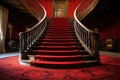 Old wooden spiral staircase with red carpet and carved handrails. Generative AI Royalty Free Stock Photo