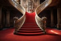 Old wooden spiral staircase with red carpet and carved handrails. Generative AI Royalty Free Stock Photo