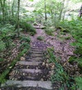 Old wooden staircase. Floor covered with litter along the river