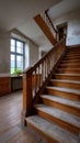 Old wooden staircase inside a weathered building with natural light and aged walls, a glimpse into history and Royalty Free Stock Photo