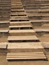 Old wooden stairs in traditional garden, tourist footpath