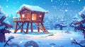 An old wooden stilt house in a winter forest, standing on piles in deep snow with falling snowflakes. Uninhabited Royalty Free Stock Photo