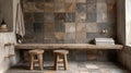 wabi sabi decor, old wooden stools and aged stone tiles contribute to a rustic, calm vibe in a wabi sabi bathroom Royalty Free Stock Photo