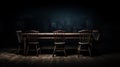 Old wooden table with big chairs in dark room. Horror concept