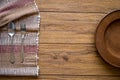 old wooden table with empty plate on a wooden table and copyspace Royalty Free Stock Photo