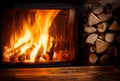 Old wooden table and fireplace with warm fire at the background