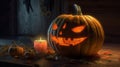 on an old wooden table made of Halloween pumpkins and candles Royalty Free Stock Photo