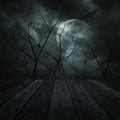 Old wooden table over dead tree, moon, birds and spooky cloudy s Royalty Free Stock Photo