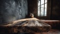 Old wooden table with textured surface in rustic room with window light and blurred background Royalty Free Stock Photo