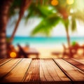 Old wooden table top on blurred beach background with coconut palm leaf. Concept Vacation, Summer, Beach, Sea Royalty Free Stock Photo