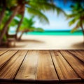 Old wooden table top on blurred beach background with coconut palm leaf. Concept Vacation, Summer, Beach, Sea Royalty Free Stock Photo