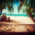 Old wooden table top on blurred beach background with coconut palm leaf. Concept Vacation, Summer, Beach, Sea Royalty Free Stock Photo