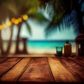 Old wooden table top on blurred beach background with coconut palm leaf. Concept Vacation, Summer, Beach, Sea Royalty Free Stock Photo