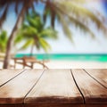 Old wooden table top on blurred beach background with coconut palm leaf. Concept Vacation, Summer, Beach, Sea Royalty Free Stock Photo