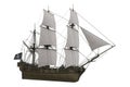 Old wooden tall sailing ship flying the pirate flag. 3D rendering isolated on white background