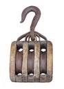 Old wooden pulley and hook isolated Royalty Free Stock Photo