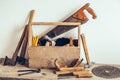 Old Wooden Tool Box Full of Tools. Old carpentry tools. Still life Royalty Free Stock Photo