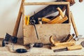 Old Wooden Tool Box Full of Tools. Old carpentry tools. Still life Royalty Free Stock Photo