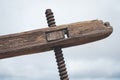 Old wooden tool, part of old grapewine press , winery