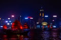 Old wooden tourist junk ferry boat in Victoria Harbor against famous Hong Kong island view with illuminated skyscrapers at night Royalty Free Stock Photo