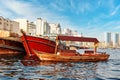 Old wooden traditional boats or water taxi on the bay Creek port in Dubai, United Arab Emirates Royalty Free Stock Photo