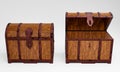 The old wooden treasure chest has a rusted metal frame. Brown wooden box with metal frame And rusty iron pins Place on a white