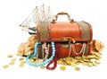 Old wooden trunk with money and jewellery isolated