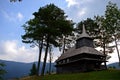 Old wooden Ukrainian Church stands high in the mountains Royalty Free Stock Photo