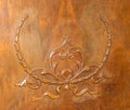 Old wooden upright grand piano original detailed ornate sconce design Applique acanthus filagree on late 1800s instrument. Front Royalty Free Stock Photo