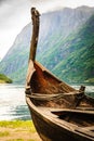 Old wooden viking boat in norwegian nature