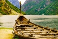 Old viking boat and ferryboat on fjord, Norway