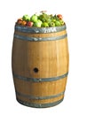 Old wooden vintage barrel with fruits on top isolated on white background Royalty Free Stock Photo