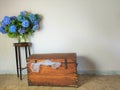 Old wooden vintage chest, vase with blue flowers Royalty Free Stock Photo