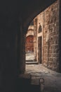 Old wooden vintage door Brown doorway alley at old city of Nablus in Palestine