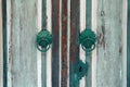 Old wooden vintage door, metal door handle decoration. antique e Royalty Free Stock Photo