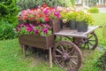 Old wooden vintage trolley with flower pots and boxes with colorful Petunia flowers and geraniums in the garden on a Sunny summer Royalty Free Stock Photo