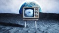 Old wooden vintage TV on the moon. Earth background. Space concept. Broadcast. 3d rendering. Royalty Free Stock Photo