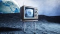 Old wooden vintage TV on the moon. Earth background. Space concept. Broadcast. 3d rendering. Royalty Free Stock Photo