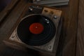 The old wooden vinyl record player on the table, 3d rendering