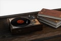 The old wooden vinyl record player on the table, 3d rendering Royalty Free Stock Photo