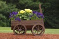 Old wooden wagon in the garden with purple and yellow blooming flowers Royalty Free Stock Photo