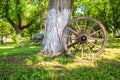 Old wooden wagon wheel