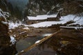 Old wooden water mill in winter