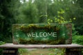 Old wooden welcome sign on green forest natural background with copy space. AI generated