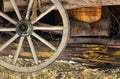 The old wooden wheel from the carriage hangs on the wall of the Ukrainian bar Royalty Free Stock Photo